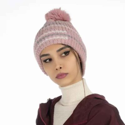 Women's Knitted Winter Beanie in Cotton with Line Pattern