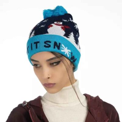 Women's Knitted Winter Beanie in Cotton with Snow Design