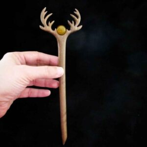 Wooden Hair Stick Handcrafted with Horn Design & Agate Stone