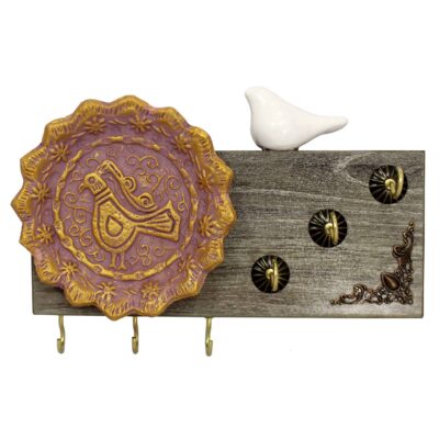 Handcrafted Wooden Wall Key Holder with Bird and Traditional Tile Design