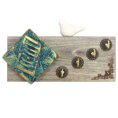 Handcrafted Wooden Wall Key Holder with Traditional Tile Design for Entryway