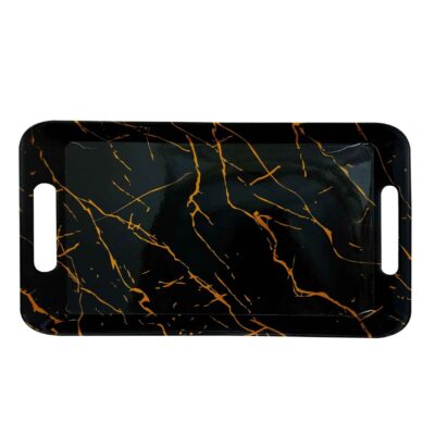 Black Melamine Serving Tray - Lightweight Marble Design with Handle
