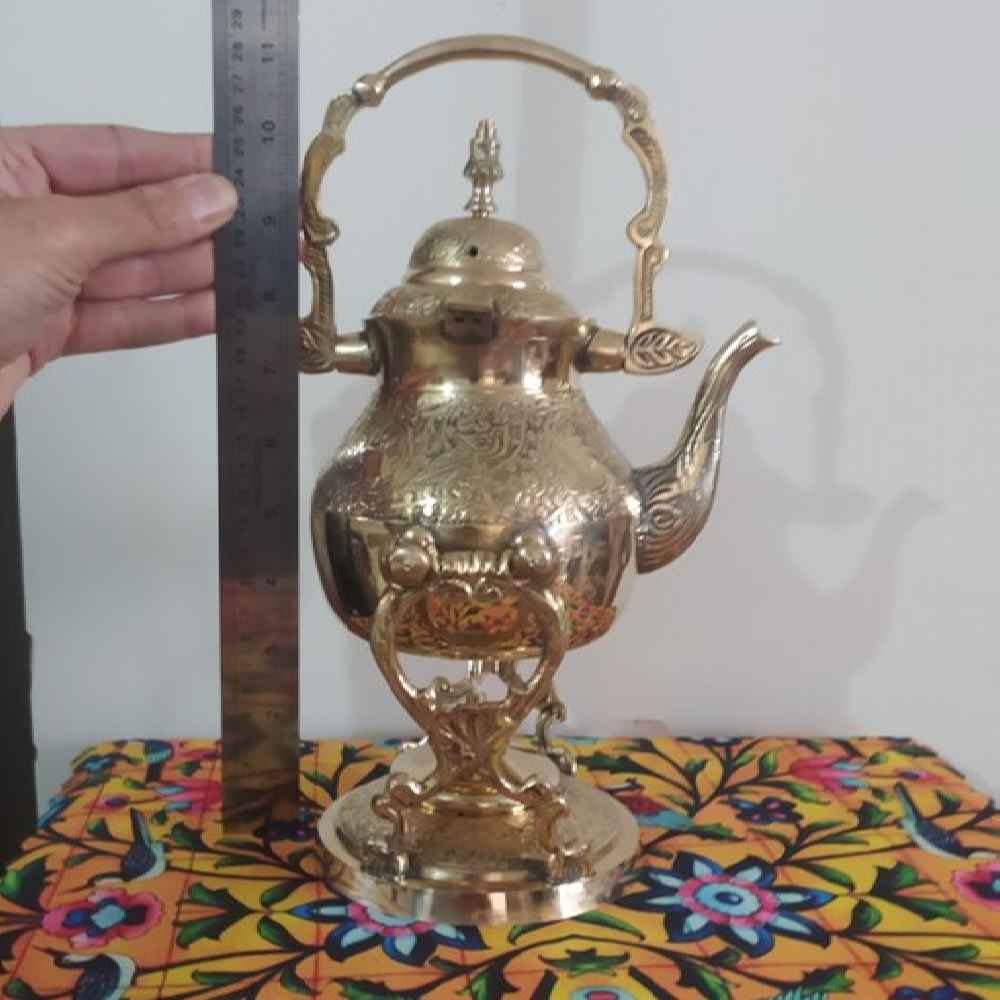 Brass Teapot & Warmer Hand-Engraved with Elegant Etched Design Golden