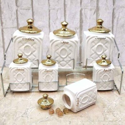 Embossed Ceramic Kitchen Canister for Coffee, Tea & Dry Food Storage - Golden Lid