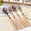 Spoon and Fork Flatware Set Dishwasher Safe With Wooden Handle
