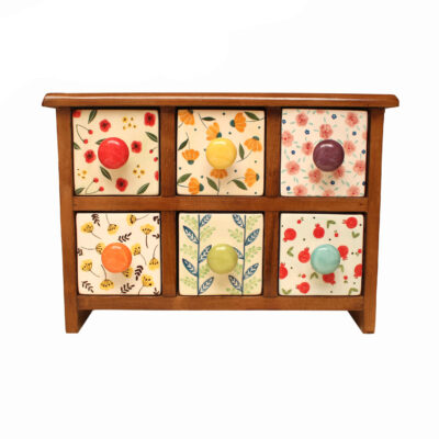Handcrafted Wooden Chest with 6 Ceramic Drawers – Bohemian Style