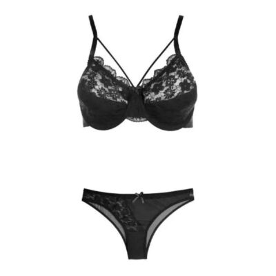 Women’s Lace Bra and Thong Set – Mesh Lingerie with Decorative Front Bow