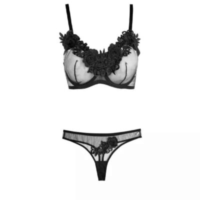 Women’s Floral Guipure Lace Bra and Thong Set – Elegant Mesh Lingerie with Decorative Design