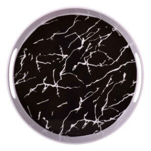 Casual Round Melamine Serving Tray – Black Marble Design with Handle