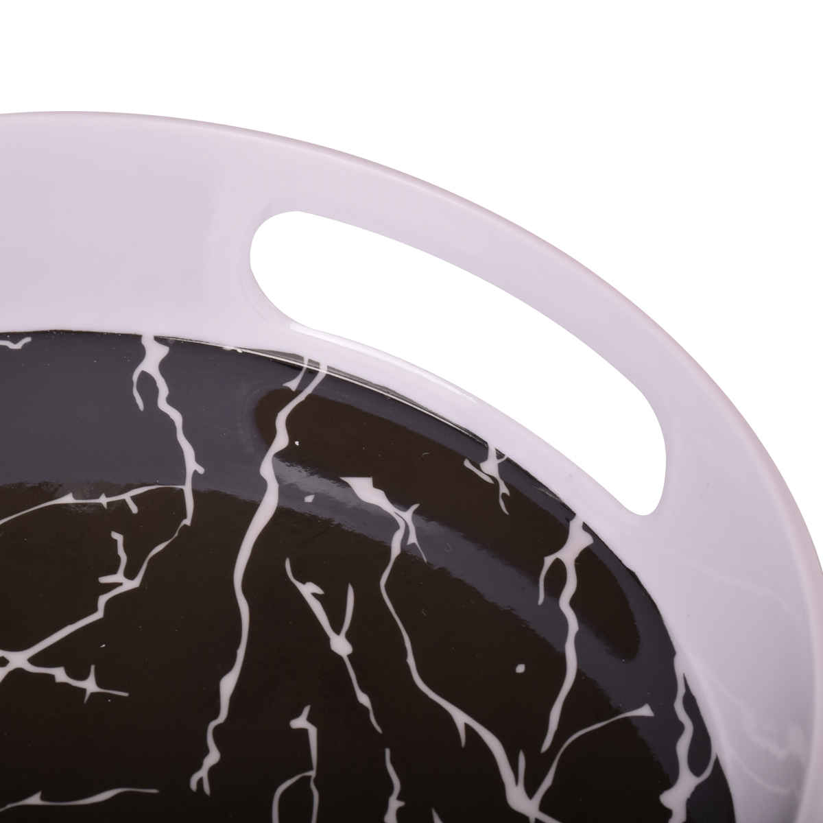 Casual Round Melamine Serving Tray – Black Marble Design with Handle