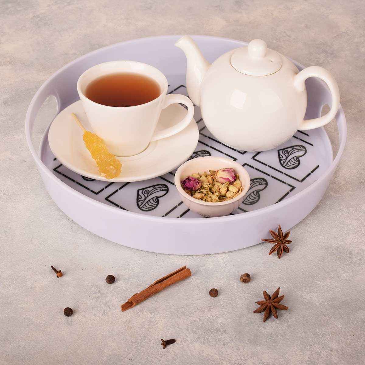 Casual Round Melamine Serving Tray – Heart Design with Handle