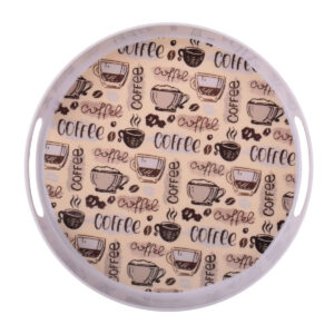 Casual Round Melamine Serving Tray – Coffee Pattern with Handle
