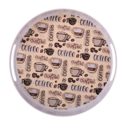 Casual Round Melamine Serving Tray - Coffee Pattern with Handle