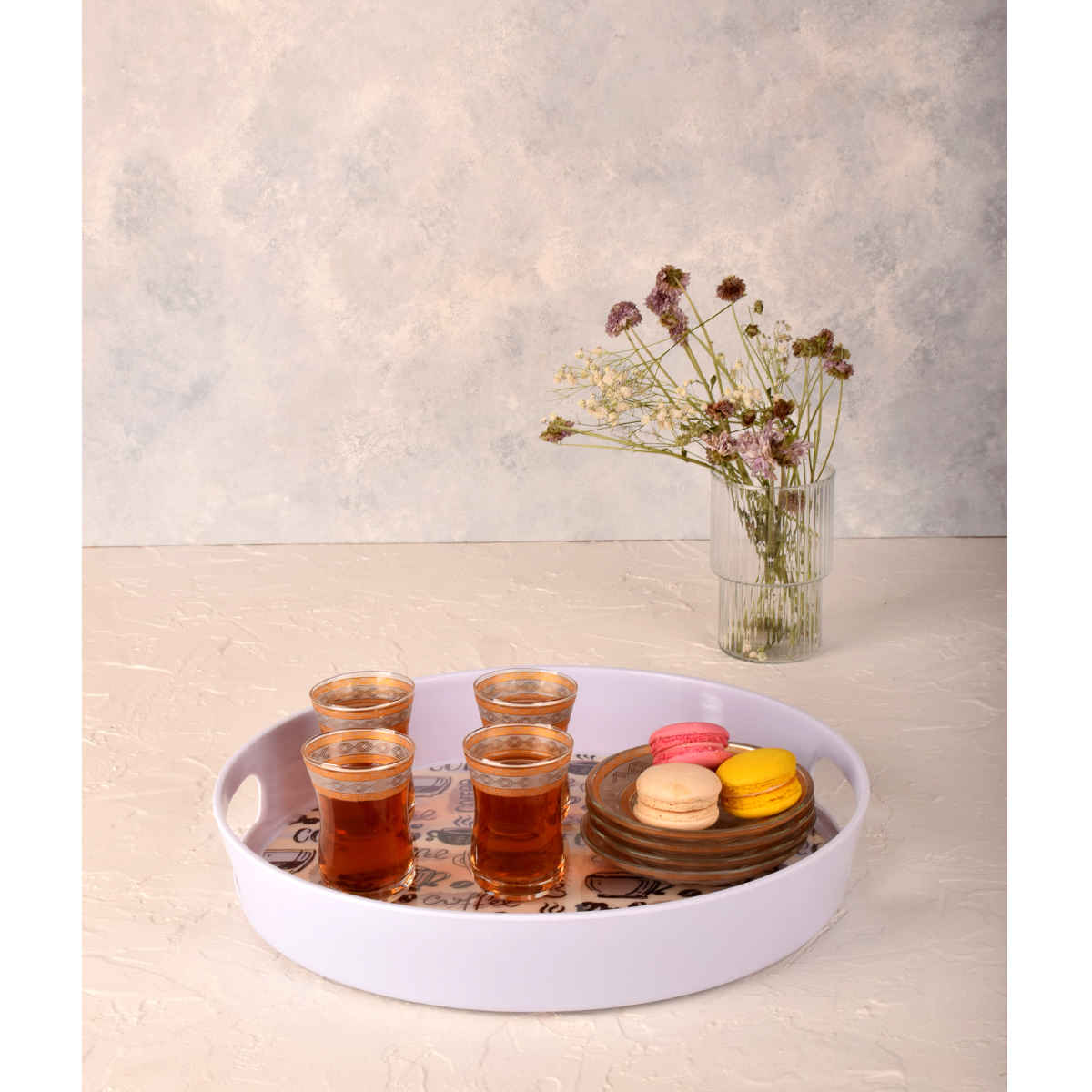 Casual Round Melamine Serving Tray – Coffee Pattern with Handle