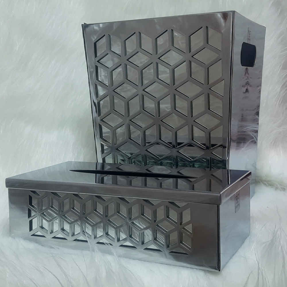 Metal Waste Basket & Tissue Box Set – Diamond Design
