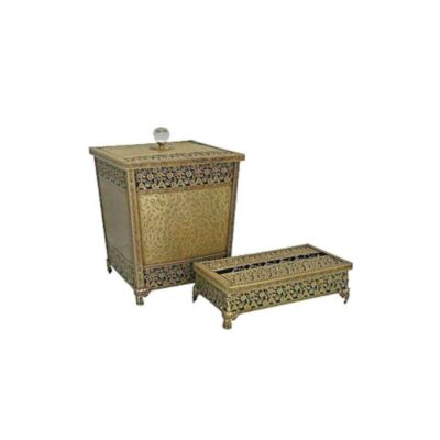 Metal Waste Basket & Tissue Box Set - Matte Golden Color