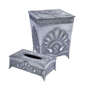 Metal Waste Basket & Tissue Box Set – Peacock Pattern