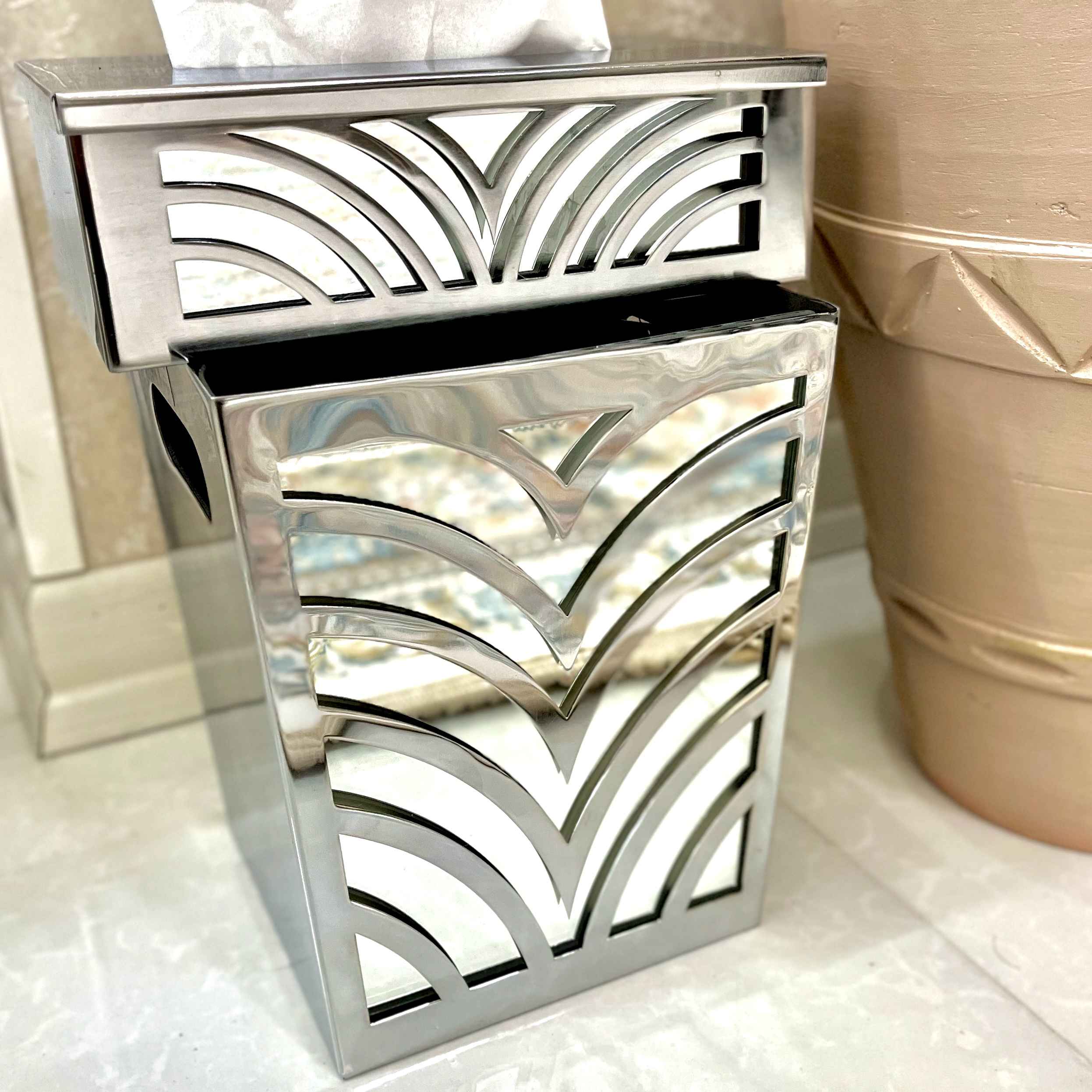 Metal Waste Basket & Tissue Box Cover With Mirror & Wood Combination
