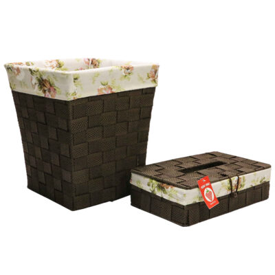 Plastic Waste Basket & Tissue Box Set - Fabric Cover