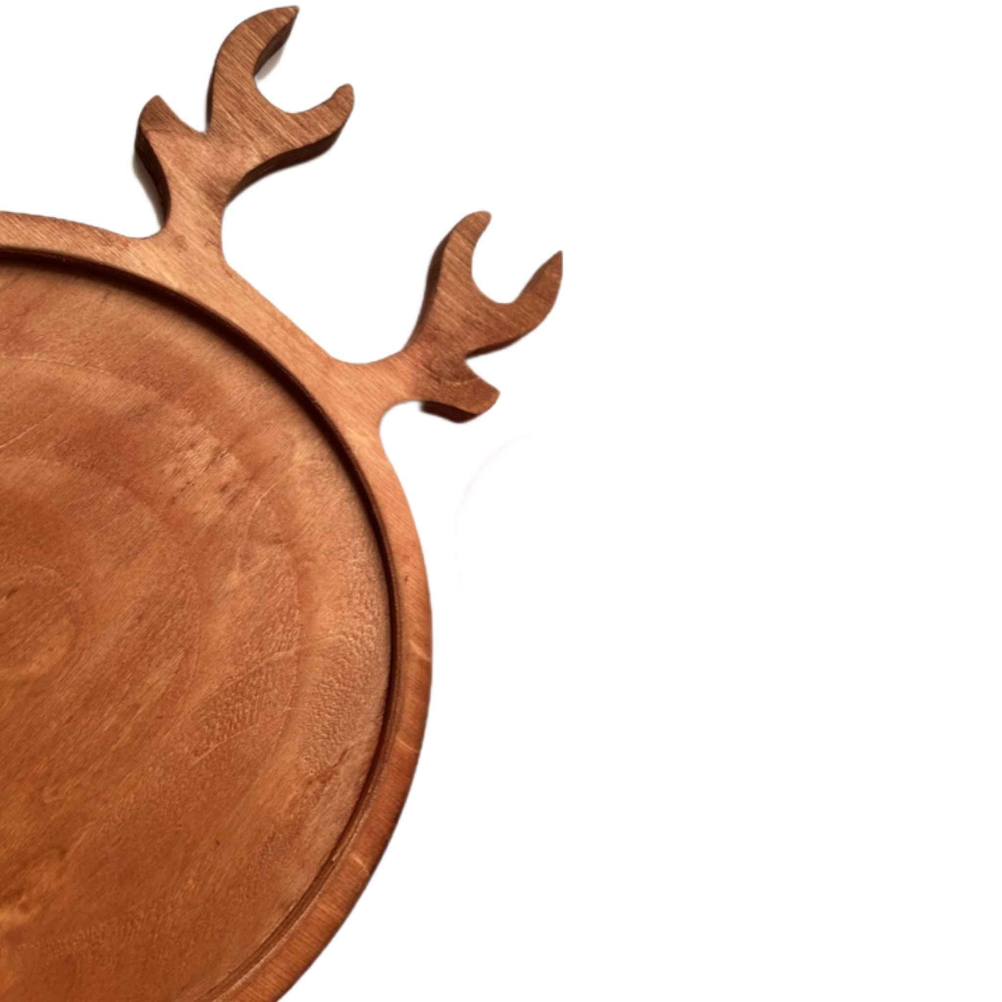 Whimsical Round Wooden Serving Tray – Deer Antler Design Model Venus