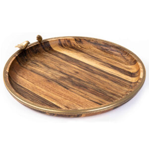 Rustic Round Wooden Serving Tray – Bird Motif & Golden Border