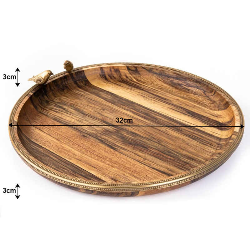 Rustic Round Wooden Serving Tray – Bird Motif & Golden Border