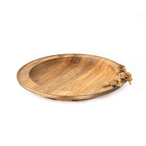 Minimalist Round Wooden Serving Tray – Golden Border & Floral Design