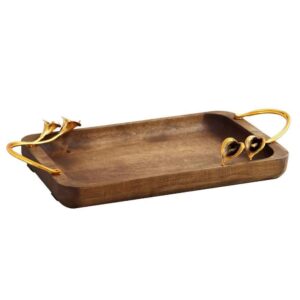 Minimalist Rectangular Wooden Serving Tray – Golden Flower Handles