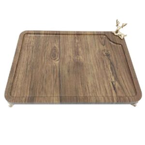 Minimalist Rectangular Wooden Serving Tray – Golden Steel Deer Centerpiece