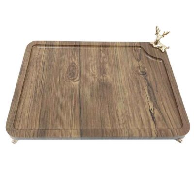 Minimalist Rectangular Wooden Serving Tray - Golden Steel Deer Centerpiece
