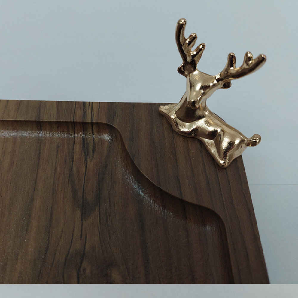 Minimalist Rectangular Wooden Serving Tray – Golden Steel Deer Centerpiece