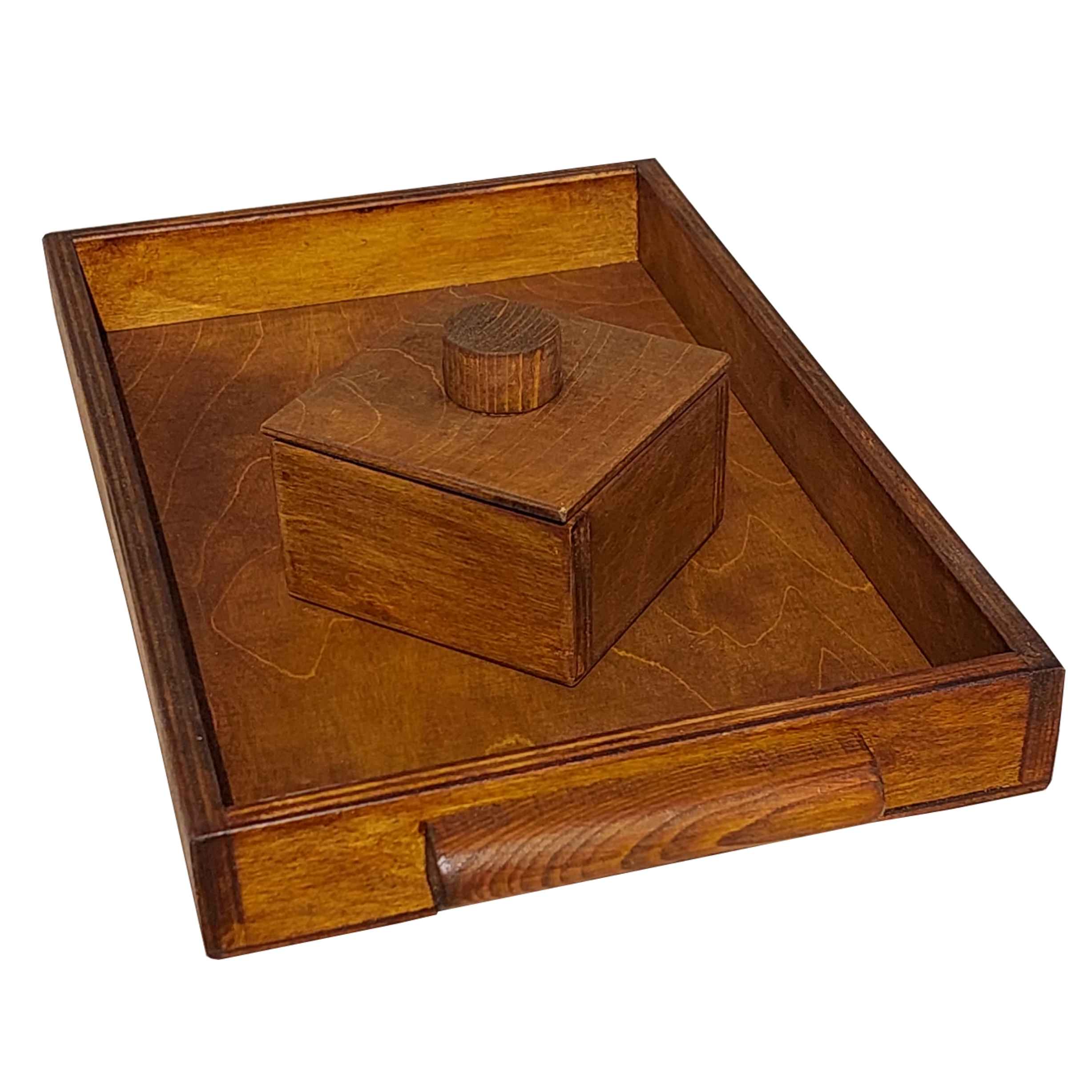 Traditional Rectangular Wooden Serving Tray – Handle & Sugar Bowl Set