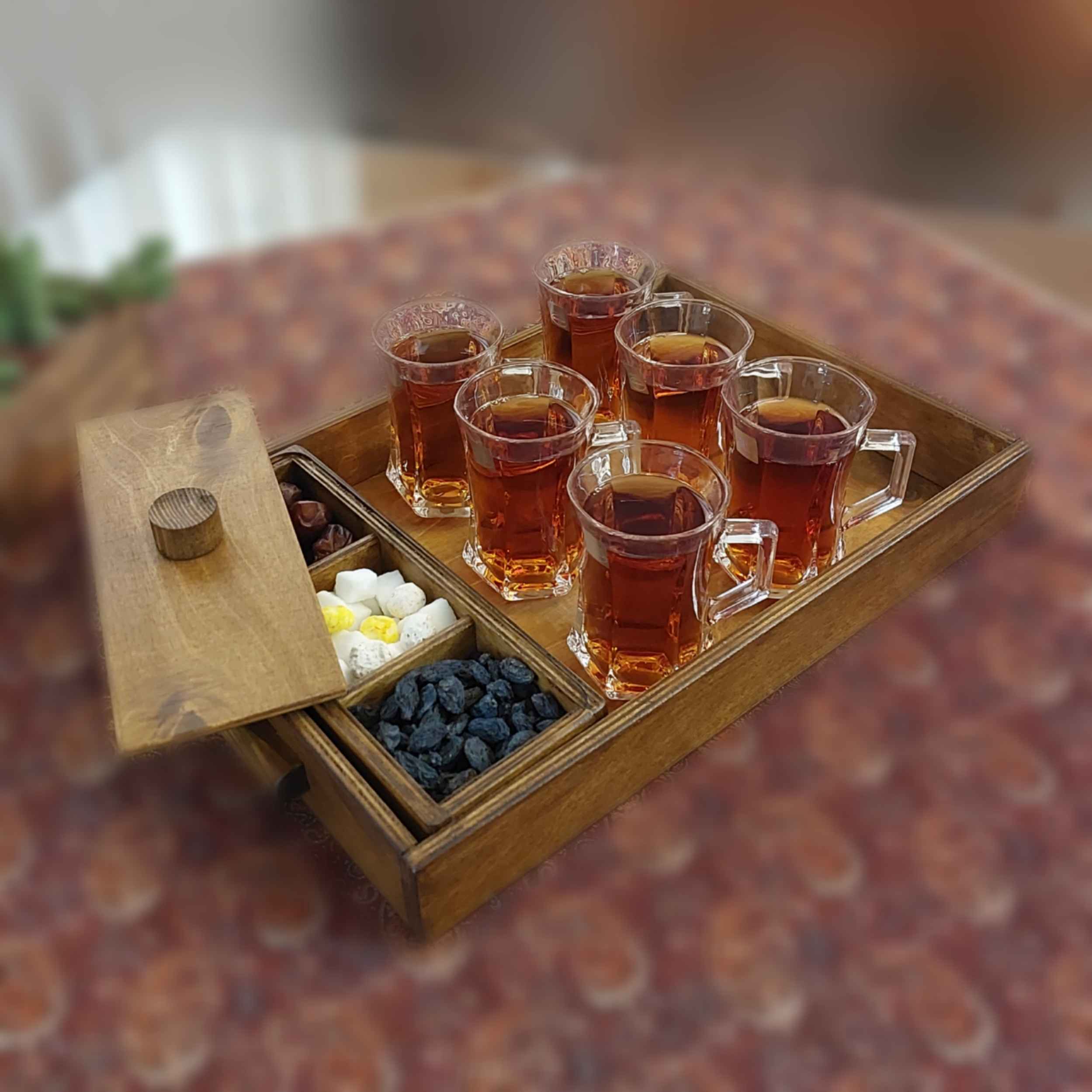 Traditional Rectangular 3-Section Wooden Serving Tray with Sugar Bowl