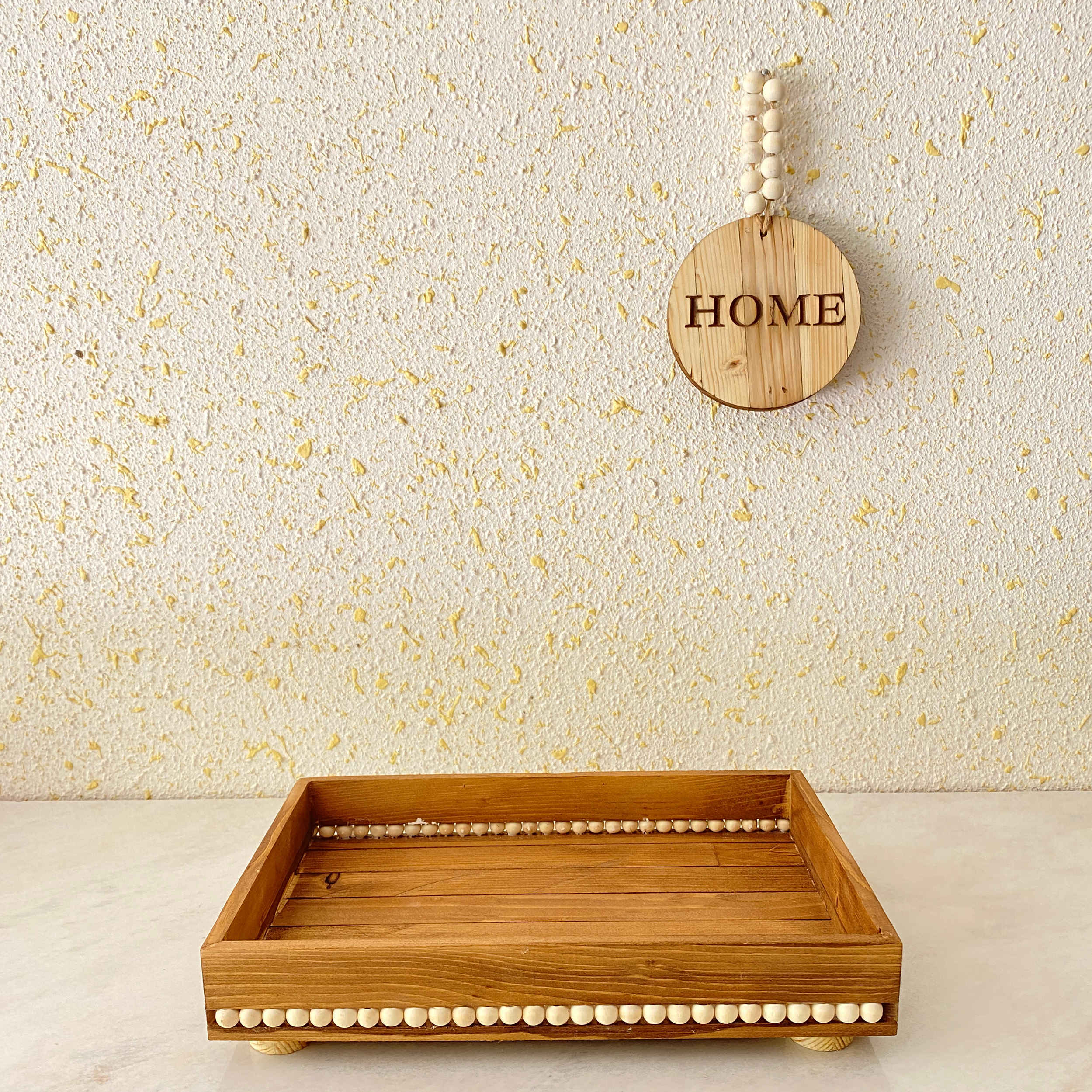 Minimalist Rectangular Wooden Serving Tray – Decorative Pearl Beads Tray