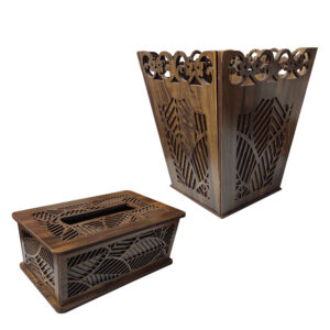 Wooden Waste Basket & Tissue Box Set – Leaf Design