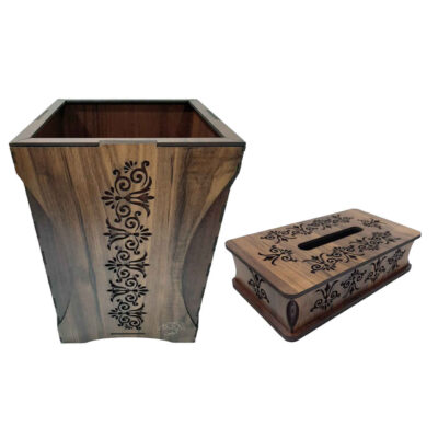 Wooden Waste Basket & Tissue Box Set - Floral Pattern