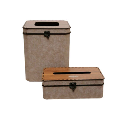 Wooden Waste Basket & Tissue Box Set with Hinged Lid