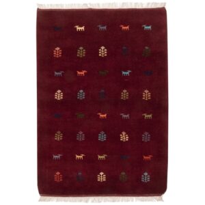 Authentic Handwoven Persian Minimalist Gabbeh Rug with Animal Motifs – Red Wool