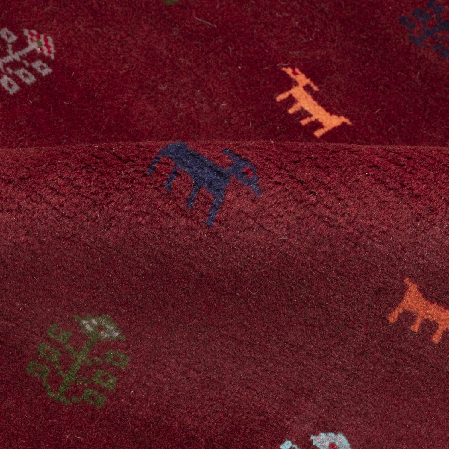 Authentic Handwoven Persian Minimalist Gabbeh Rug with Animal Motifs – Red Wool