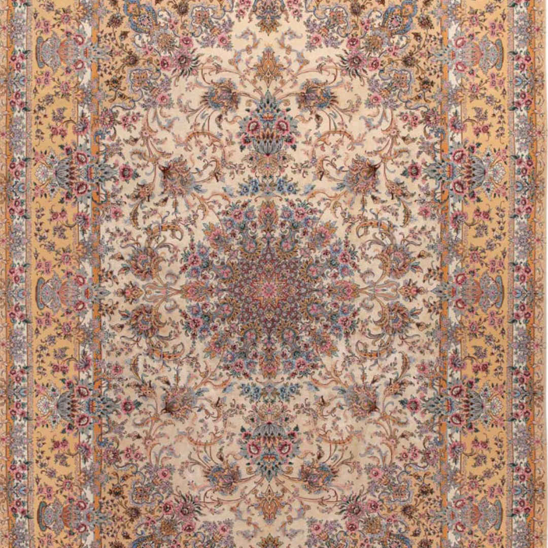Hand-Knotted Persian Isfahan Rug (Lachak Toranj Floral Medallion) – Cream Silk & Kork