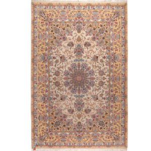 Hand-Knotted Persian Isfahan Rug (Lachak Toranj Floral Medallion) – Cream Silk & Kork