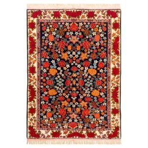 Hand-Knotted Persian Bojnourd Tribal Rug (All-over Floral Bordered) – Black & Red Silk / Wool