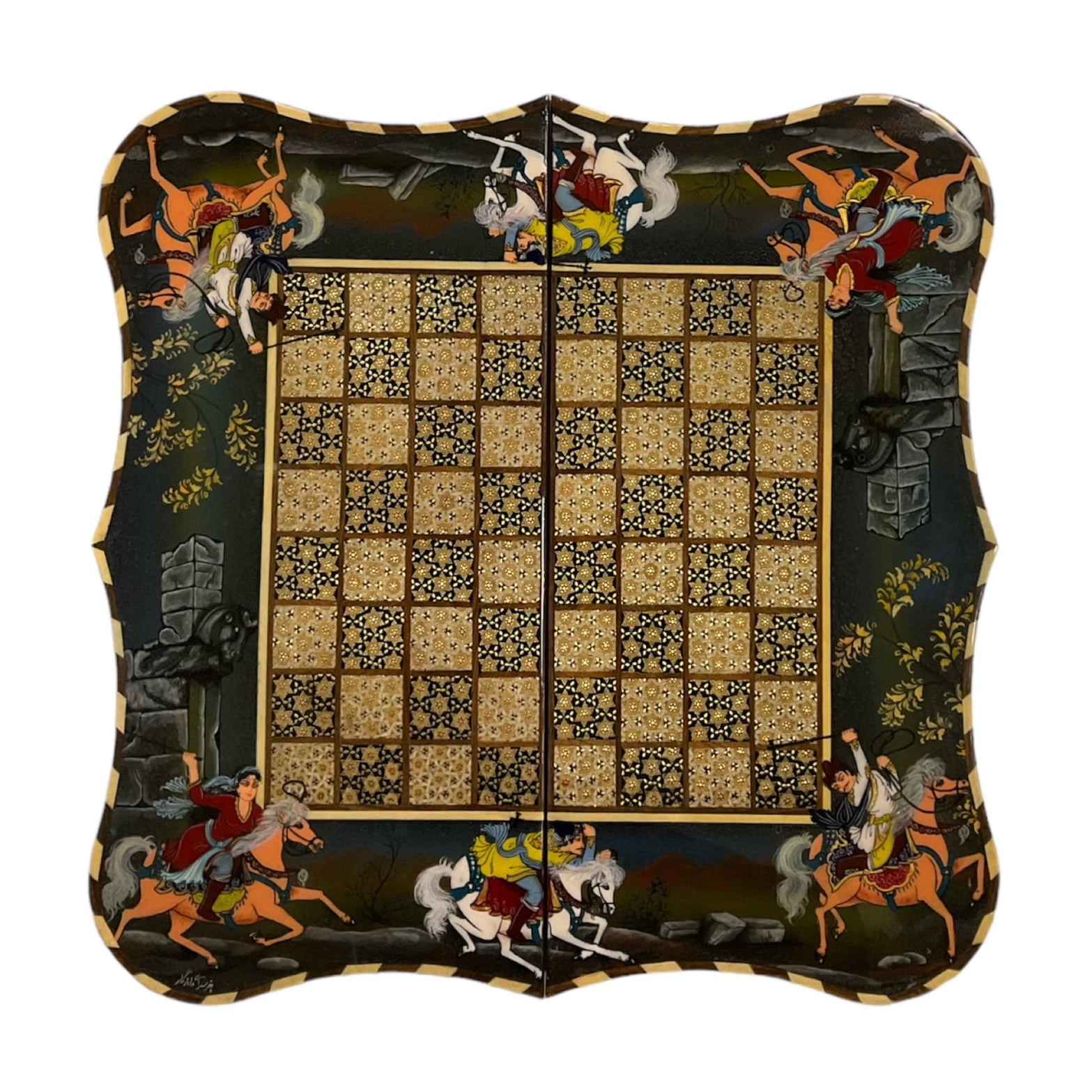 Artisan-Crafted Inlaid Marquetry Persian Backgammon Board with Persian Miniature Khatam-kari