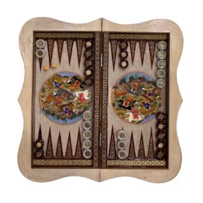 Handcrafted Inlaid Marquetry Persian Backgammon Board with Chogan Design & Traditional Khatam-kari