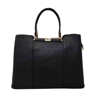 Black Leather Bauletto Handbag with Large Capacity for Women