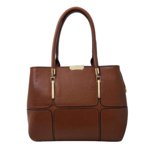 Brown Leather Bauletto Handbag with Large Capacity & Dual Handles
