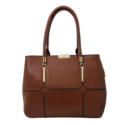 Brown Leather Bauletto Handbag with Large Capacity & Dual Handles