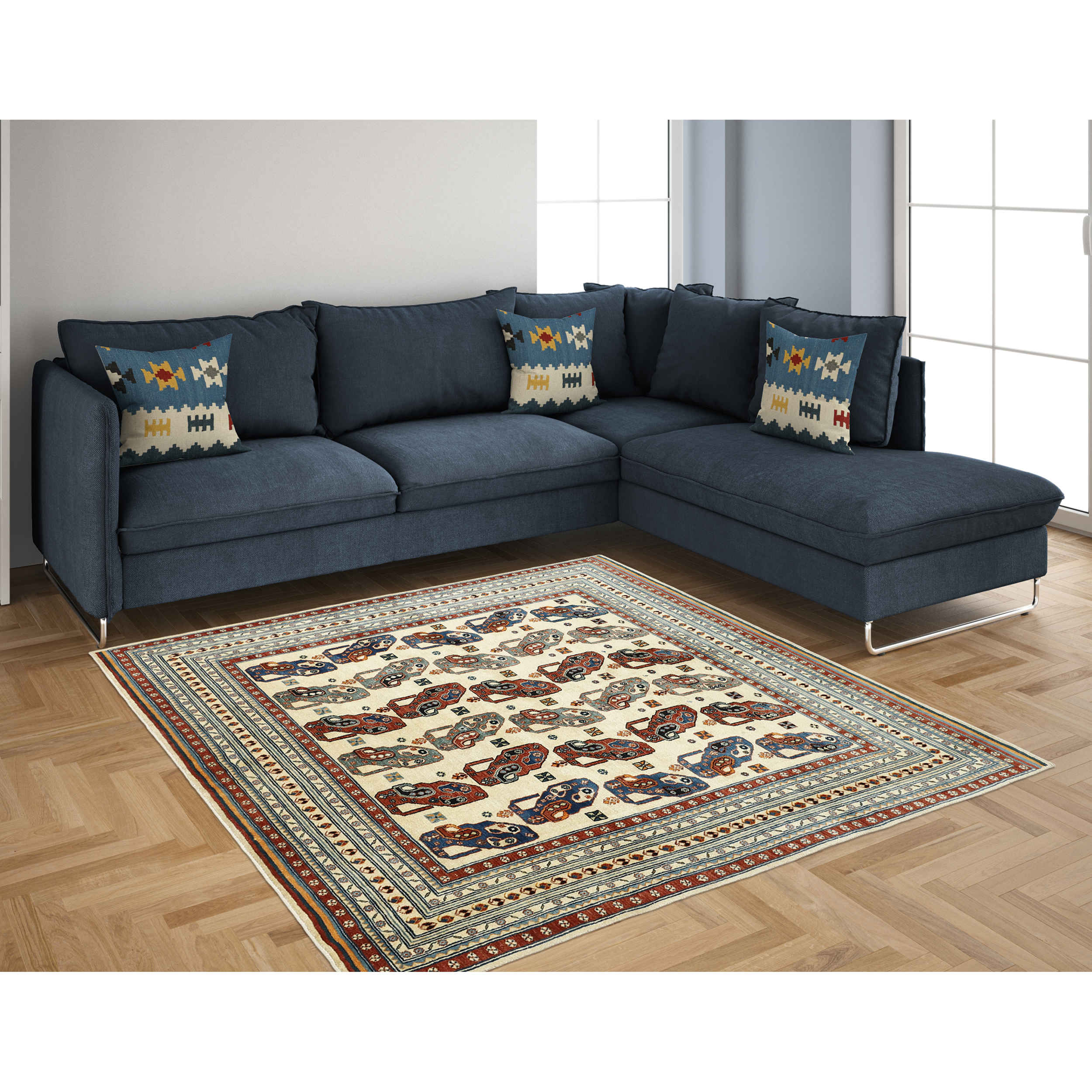 Genuine Handwoven Persian Minimalist Gabbeh Rug – Geometric Cream Wool