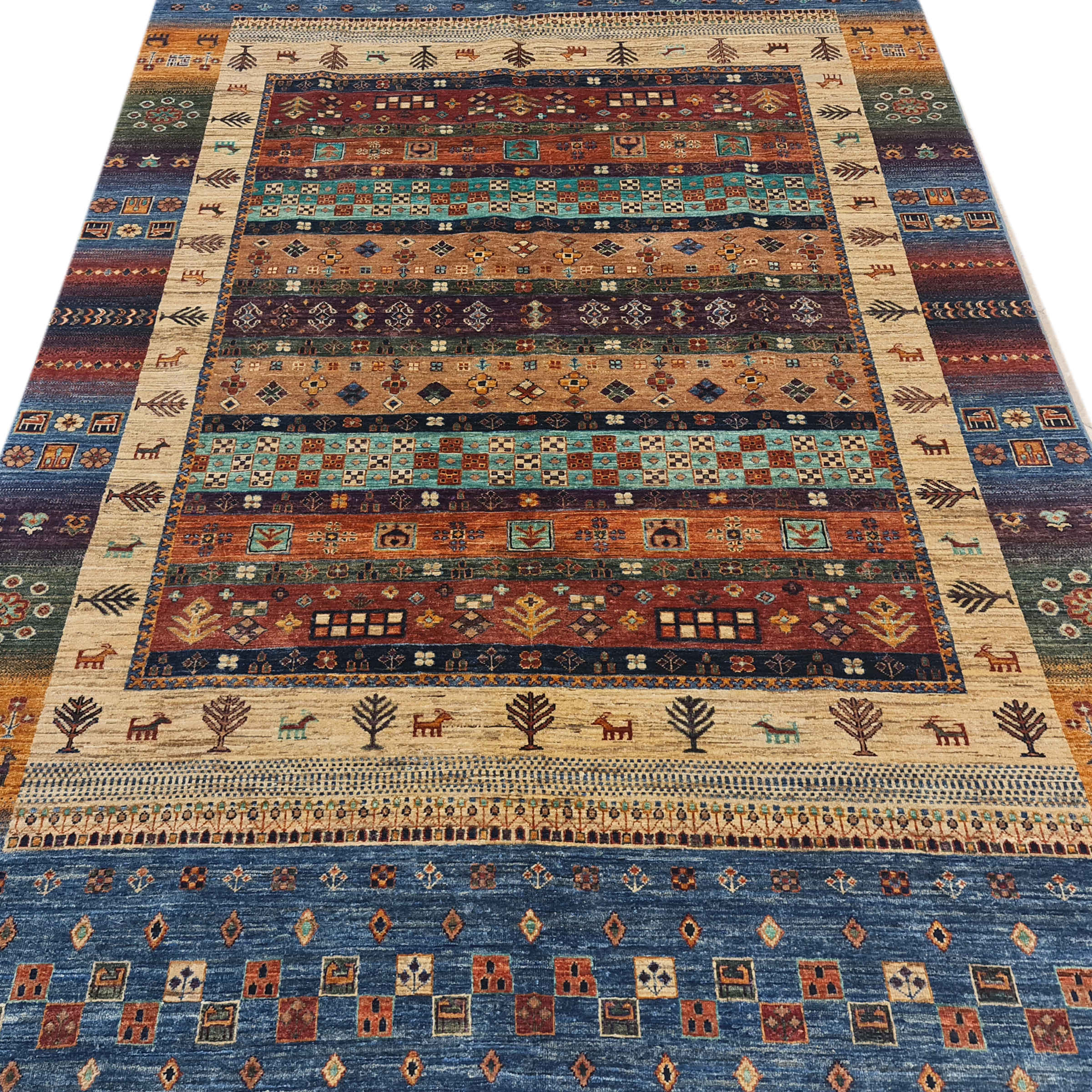 Genuine Handwoven Persian Striped Gabbeh Rug in Blue – Wool Blend
