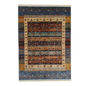 Genuine Handwoven Persian Striped Gabbeh Rug in Blue – Wool Blend